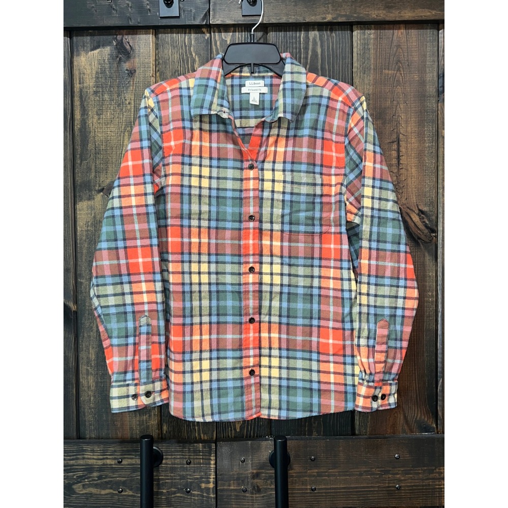 L.L.Bean Rainbow Scotch Plaid Flannel Shirt Relaxed L 100% Cotton Preppy Outdoor